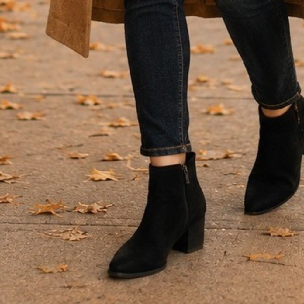 Bella‎ Vita Black Suede Block Heel Ankle Booties Side Zip Size 7.5N Minimalist